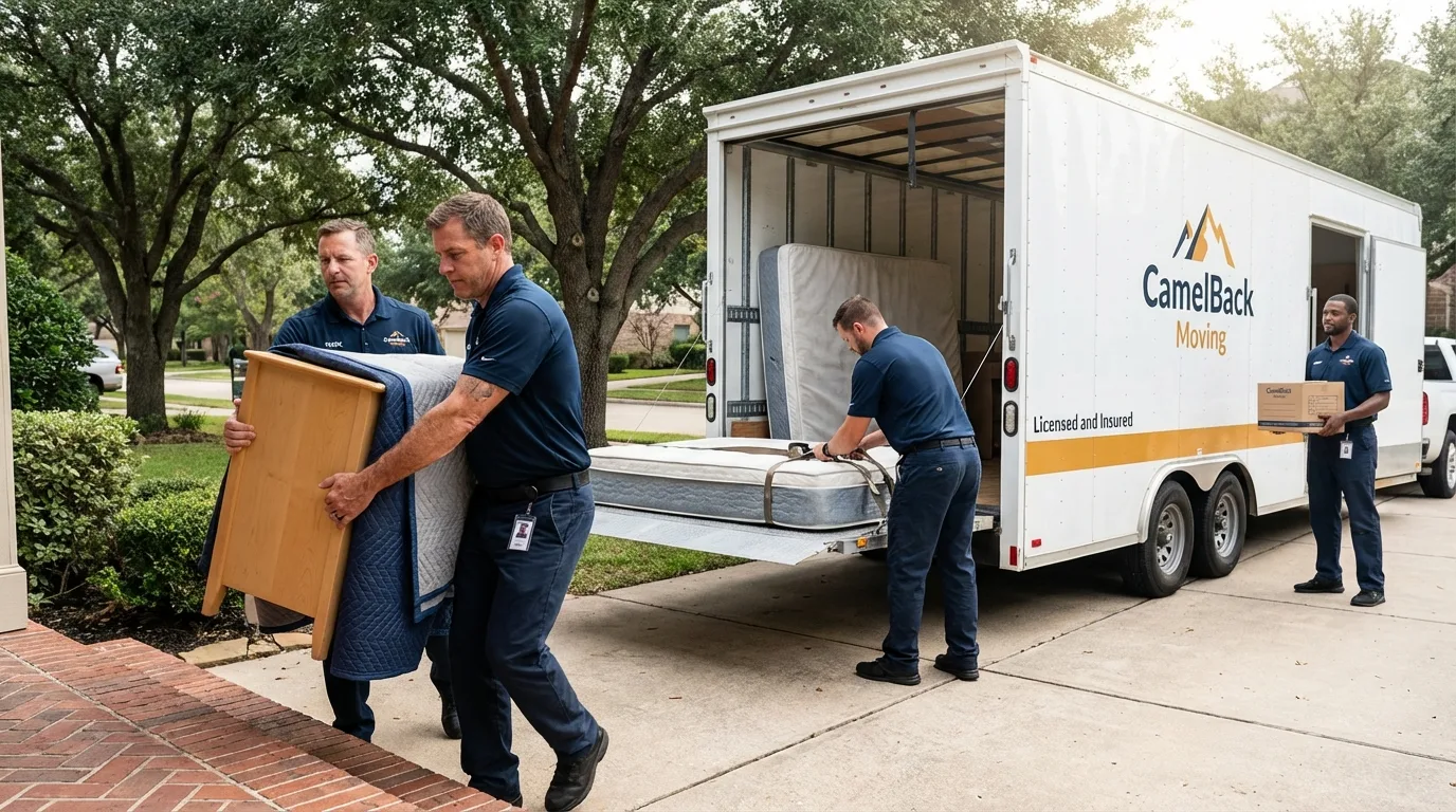 Crew loading residential truck for cross-state move from Abbeville, LA