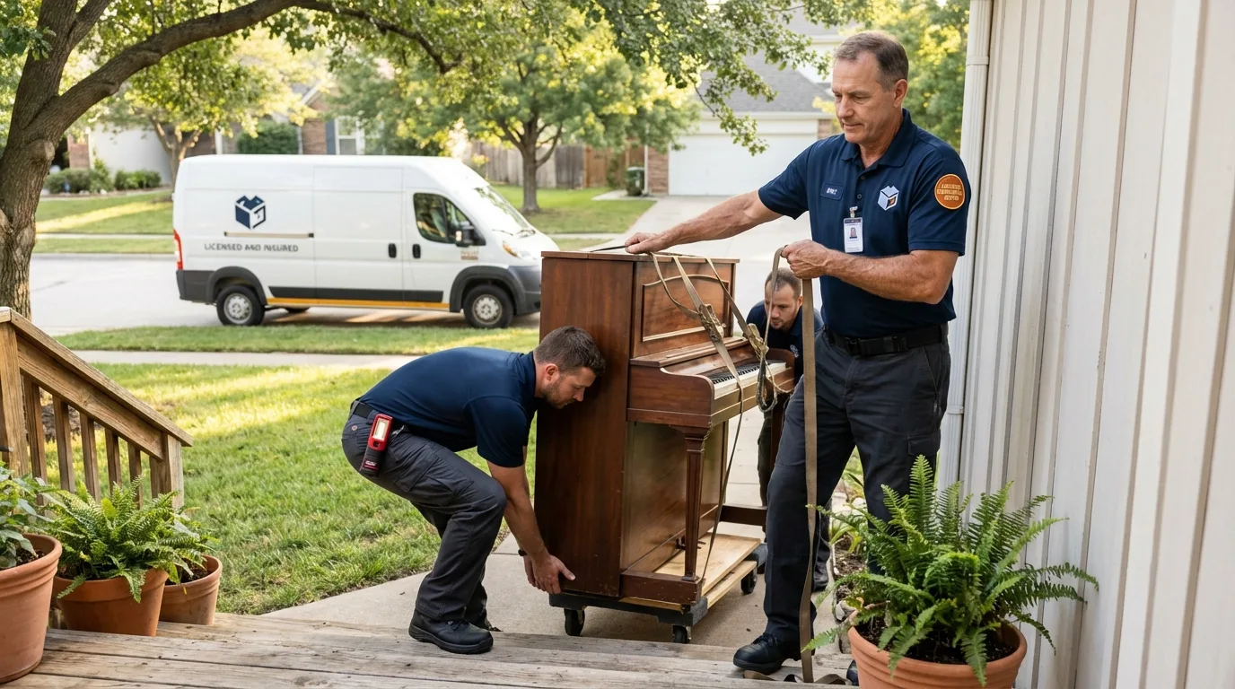 Licensed piano movers securing grand piano in Abbeville, LA