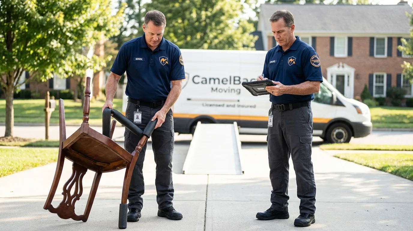 Movers inspecting furniture for damage prevention before loading in Abbeville, LA