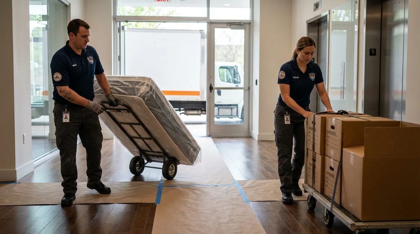 Professional apartment movers loading elevator in Abbeville, LA